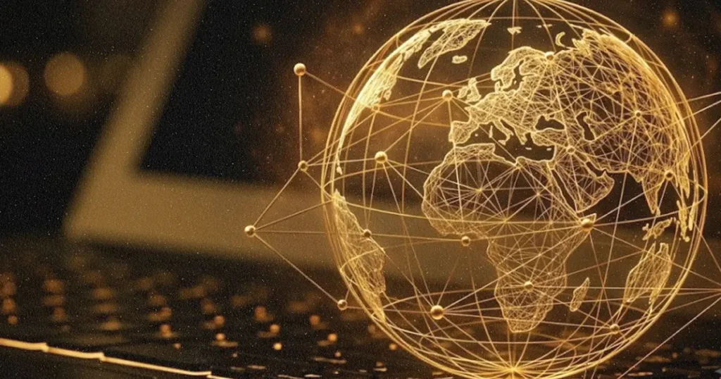 A glowing gold globe and network over a laptop, representing the new Acuity Medical Law website