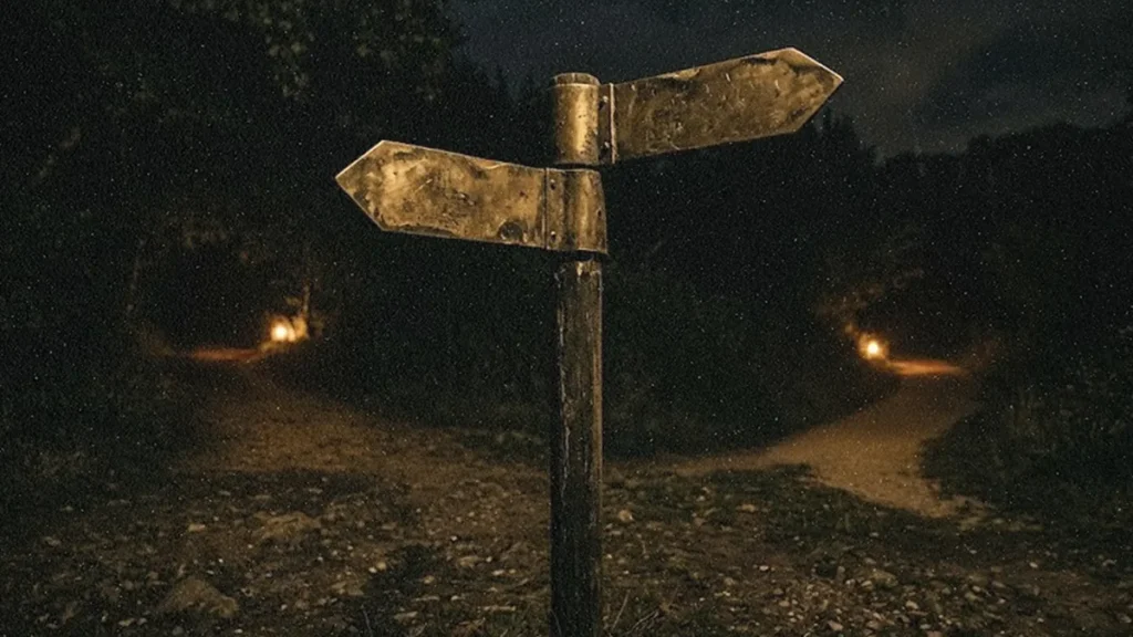 A weathered signpost at a dark crossroads pointing in two directions, symbolizing the choice between a college complaint and a lawsuit.