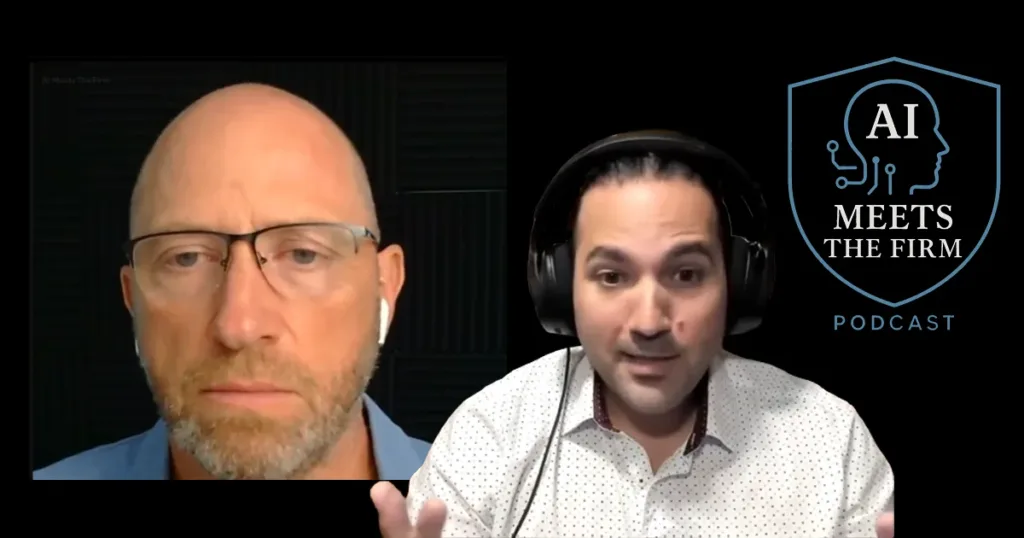 Dr. Aris Lavranos and host Julian White on a video call beside the AI Meets the Firm podcast logo.