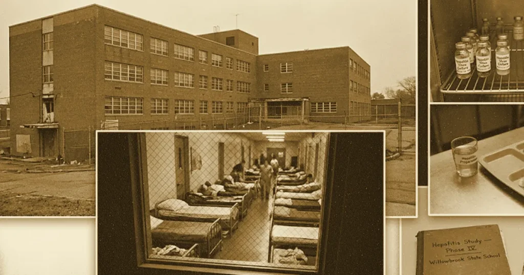 Sepia collage of a sprawling brick institutional building, a crowded ward of metal beds, vials labeled hepatitis, and a worn study logbook