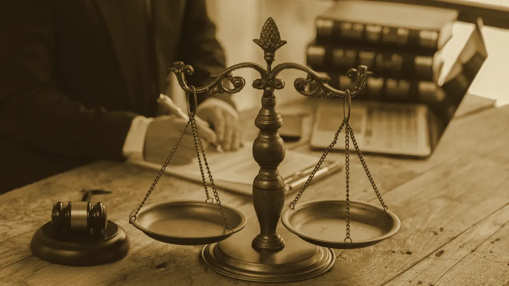 A lawyer at work beside scales of justice