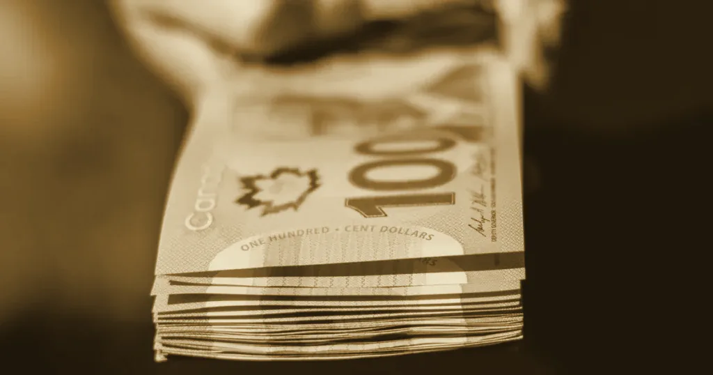Close-up of a stack of Canadian one-hundred-dollar bills