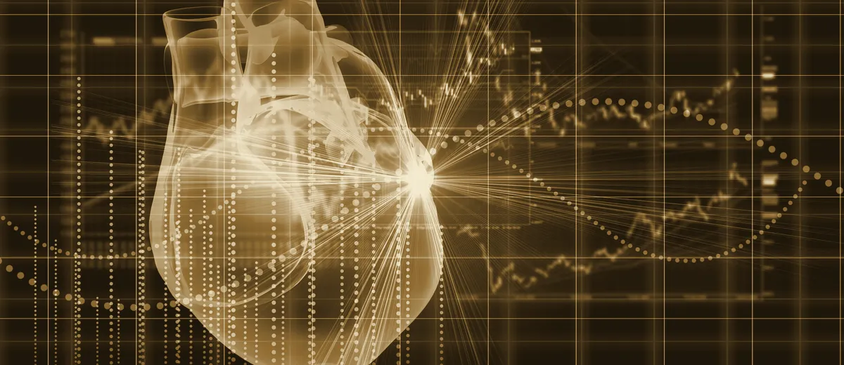 A stylized heart illustration over a medical graph background
