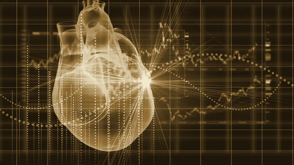 A stylized heart illustration over a medical graph background
