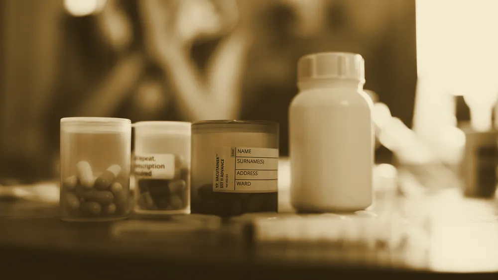 Medication bottles and pills arranged on a table