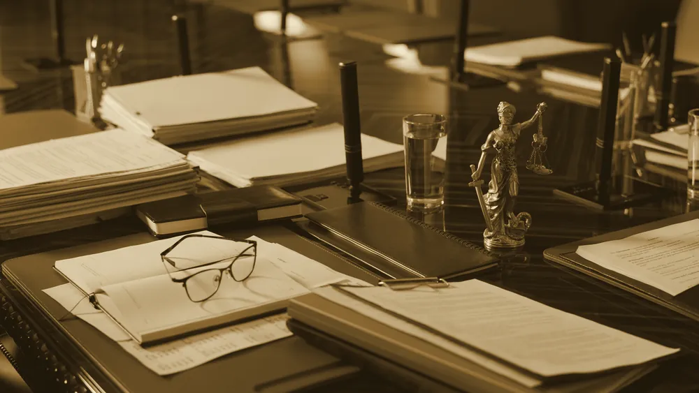 Legal documents and case files laid out on a law office conference table
