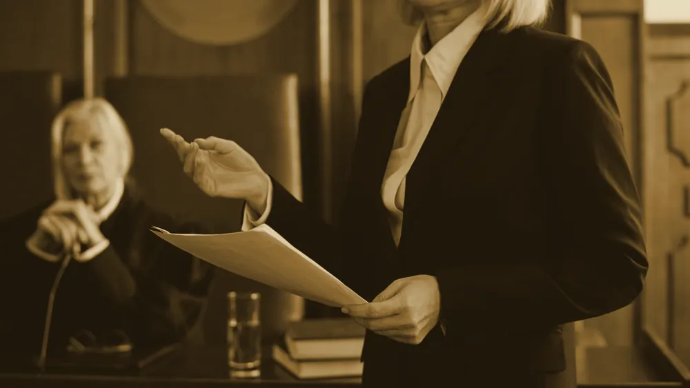 A lawyer presenting evidence in a courtroom